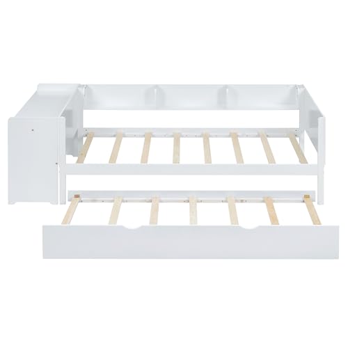 Hmdpoo Cama Infantil 90x200cm con Cama Nido Extraíble, Escritorio Integrado, Tres Estantes Laterales, Madera de Pino y MDF, Color Blanco, 241.9x112x73cm