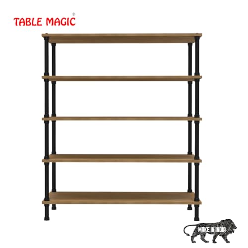 Image of TABLE MAGIC Jazz Shoe Rack Wooden Organizer | 5-Tier Multipurpose Shoes Stand for Home Wooden Shelves with & Steel Frame, Space-Saving Home Organizer, D30 x W60 x H85cm - Golden Teak