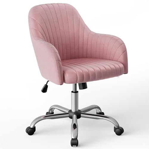 Image of Velvet Desk Chair for Home Office, Adjustable Swivel Task Chair Modern Computer Vanity Chairs with Arm Rest for Bedroom Living Room Make-up Room (Pink Light)