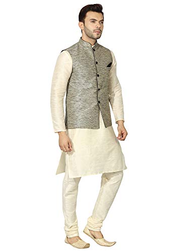 Image of Uri and MacKenzie Men's Silk Blend Regular Kurta Churidar Pyjama with Bundi Nehru Jacket /Waistcoat