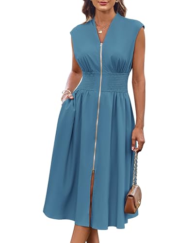Image of GRACE KARIN Womens Summer Casual Dress, Business Office Work Flowy Dresses | Cap Sleeve, Zipper Front, V Neck, Smocked Waist, Knee Length, Sleeveless, High Waist, Flowy Work,Causal, Midi