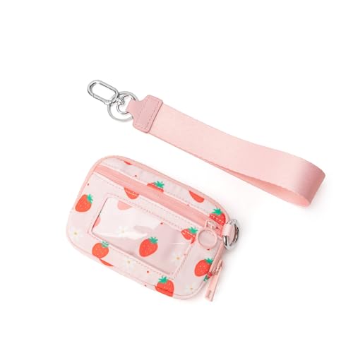 Portefeuille compact RFID femme idéal extérieur pochette fraise zip et dragonne pratique