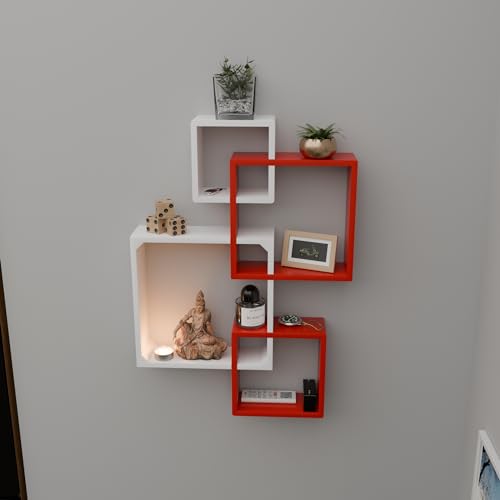 Image of ETIQUETTE ART Floating Cube Shelves - Intersecting Wall Mounted Decor for Bedrooms, Living Rooms & More - Set of 4 Box Shelves (Red & White)