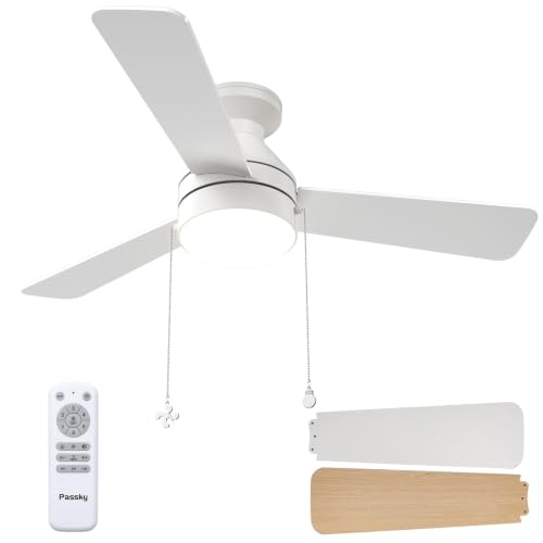 Image of Passky 42 Inch White Low Profile Ceiling Fan with Light, Pull Chain&Remote | Flush mount, pull chain, remote, 3-color dimmable light, quiet reversible DC motor, easy install, memory, timer, bedrooms