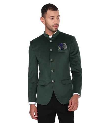 Image of MANQ Men Slim Fit Bandhgala Velvet Blazer - Mandarin Collar, Button Closure, Long Sleeves, Solid Ethnic Winter Wear with Three Pockets for Adults