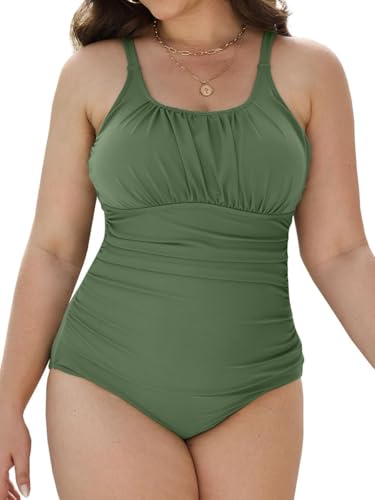 Yutdeng Bañadores Mujer Tallas Grandes Una Pieza Pliegues Vientre Plano Bañador Reductor Barriga Bañador Push Up con Relleno Ropa de Baño Traje de Baño Mujer Talla Grande Bañadores Natacion,Verde,XXL