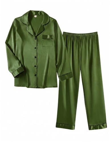 Image of Ekouaer Women Satin Pajamas Set Classic Button Down Long Pjs Set