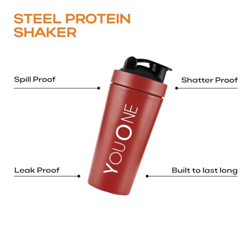 Image of YOUONE Stainless Steel Shaker Bottles For Gym - 100% Leakproof Guarantee, Ideal For Protein, Pre Workout, Bcaas & Water Bpa Free Material (Red)