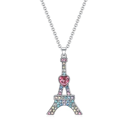 VEEHOO Eiffel Tower/Mushrooms/Snowflake Necklace for Girls Womens,Bling Rainbow Girl Jewelry Necklace Gifts for Back to School,Christmas,Valentine's Day