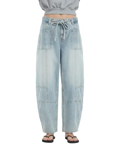 ONESO Women's Barrel Jeans Mid Waisted Wide Leg Boyfriend Jeans for Women Baggy Casual Denim Pants with Drawstring