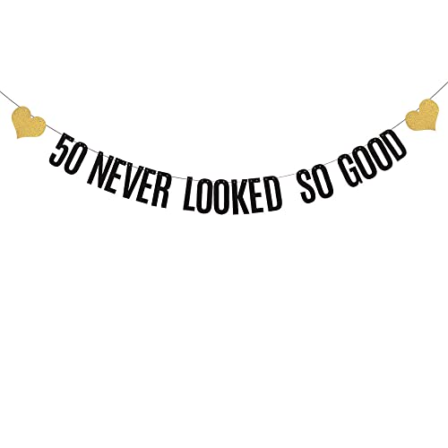 WEIANDBO 50 NEVER LOOKED SO GOOD Black Glitter Banner,Pre-Strung,50th Birthday/Wedding Anniversary Party Decorations Bunting Sign Backdrops,50 NEVER LOOKED SO GOOD