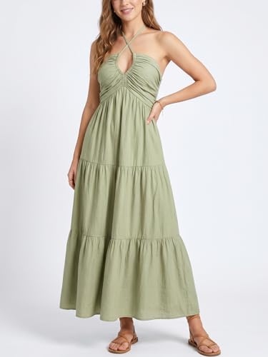 Image of Women's Casual Halter Tiered Vacation Maxi Dress with Pockets