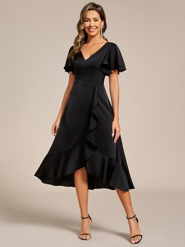 Image of Ever-Pretty Women's V Neck Satin Short Sleeve A Line Hi-Lo Midi Asymmetry Hem Bridesmaid Dress 02318