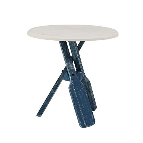 Powell Side Table With Round Top Shanice Oar, Coastal Blue And White #TOP5