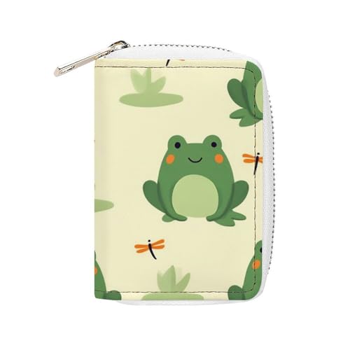 Compact Credit Card Organizer Case for Men Women, Portable Mini Card Holder Organizer with Zipper Green Frog Animal Cute Frogs Pu Leather Wallet