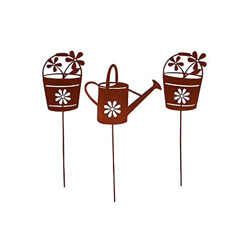 UNUS Garden Rost, set da 3 annaffiatoio e vasi da fiori, decorazione da giardino, effetto ruggine, spina in metallo arrugginito, decorazione per giardino, terrazza, balcone o vaso di fiori