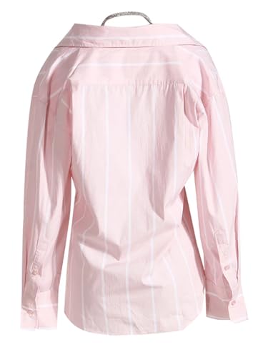 Vsadsau Women Rhinestones Striped Big Size Blouse Lapel Long Sleeve Loose Spring Autumn Shirt4