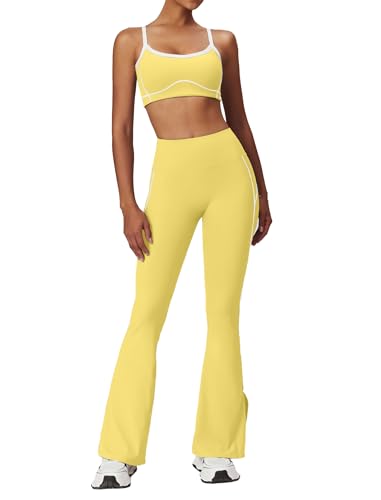 OMEWEE Yoga sets for women 2 piece Fashion contrasting lines Sports Bra and High Wasit Split hem Flared Leggings light yellow M