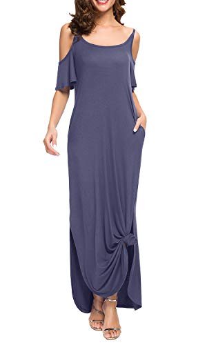 GRECERELLE Women's Summer Strapless Strap Cold Shoulder Casual Loose Dress Cover Up Long Cami Split Maxi Dresses with Pocket Purple Gray-Medium