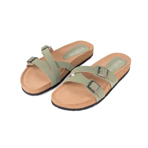 Image of Indifeet Daily Use Stylish Buckle Casual Cork Sandals for Women | Comfortable Arch Support Slippers with Adjustable Double Straps, Daily Use Flats, Light Weight Slides, Office, Outdoors, Home