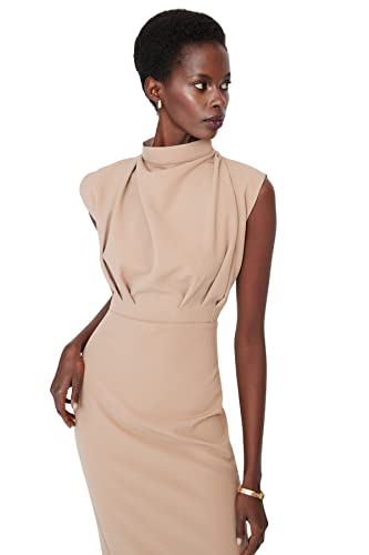 Trendyol Damen Gerade Midi Null-Ärmel Tag Nacht Schlank Kleid, Vestido De Las Mujeres, Camel,