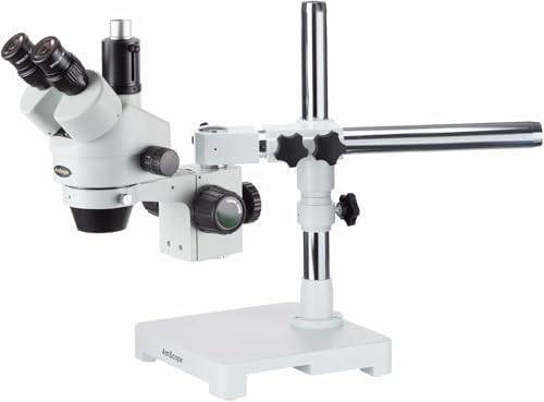Image of AmScope SM-3TX Professional Trinocular Stereo Zoom Microscope, WH10x Eyepieces, 3.5X-45X Magnification, 0.7X-4.5X Zoom Objective, Ambient Lighting, Single-Arm Boom Stand, Includes 0.5X Barlow Lens
