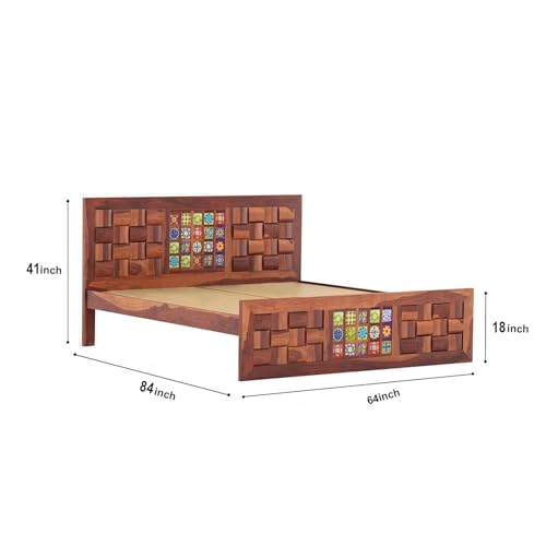 Image of Sheesham Wood Queen Size Bed Without Storage | Wooden Bed Queen Size Double Cot Palang Bed for Bedroom | Niwar Tile Design Headboard Bed for Living Room | Honey Finish