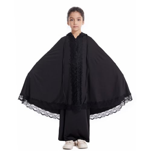 Image of Kids Girls Abaya Muslim Full Cover Lace Hijab Dress Kaftan Dubai Islamic Prayer Dress, 2pcs Set