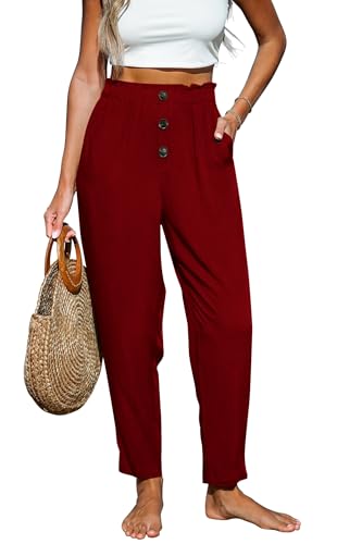 Paintcolors Womens High Waisted Work Pants Button Down Loose Comfy Straight Leg Pants Stretchy Dressy Trousers with Pockets