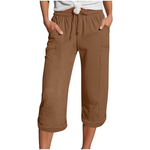 YBEBEWE Sommerhose Damen Leicht Leinenhose Damen Sommer 3/4 Musselin Kurze Hose Leicht Leinen Sommerhose Mit Taschen Causal Caprihose Elastische Bequeme Stoffhose Sport Freizeit Strandhose