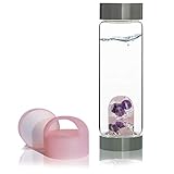 Wellness Gemstone Water Bottle by VitaJuwel w/PINK Protective Handle. Contains Rose Quartz, Amethyst and Clear Quartz