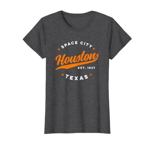 Vintage Houston Texas Space City Orange Text T-Shirt, Women, Dark Heather Grey, Medium