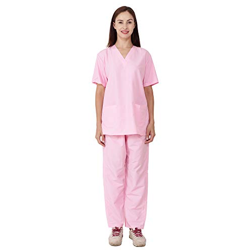 Image of RANK Women's Poly Viscose Scrub Suit for Nurses | Ot Surgical Hospital Medical Lab Scrub Uniform for Student Doctor and Dentist Size - XS (Pink)