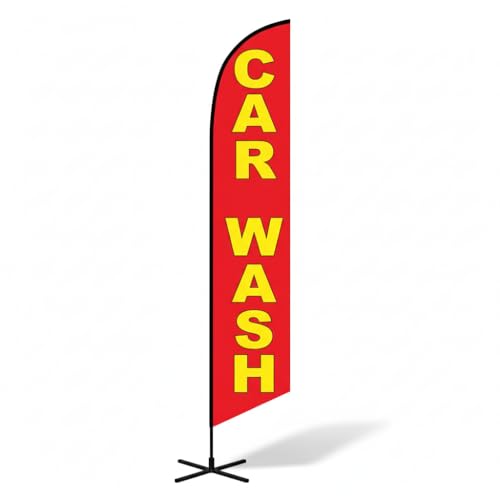 Image of The Flag Company Car Wash Feather Flag 8ft - Includes X-Base, Poles & Water Bag | Durable Advertising Flag for Auto Shops, Businesses & Events