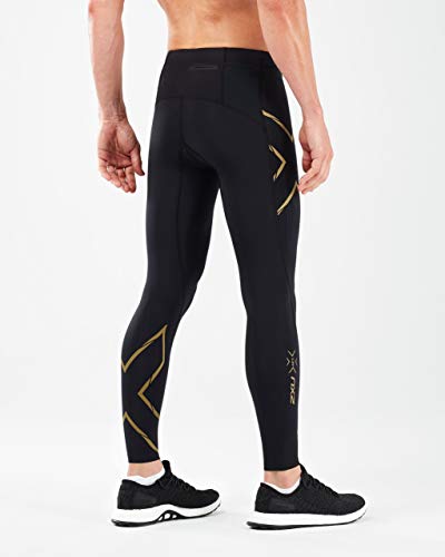 2XU Mens Light Speed Compression Tights for Running and Fitness, Black/Gold Reflective, Medium