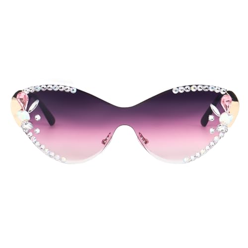Image of Dervin Cat Eye Sunglasses for Women - UV400 Protection, Rimless Flower Diamond-Cut Lens, Trendy Driving Shades for Women