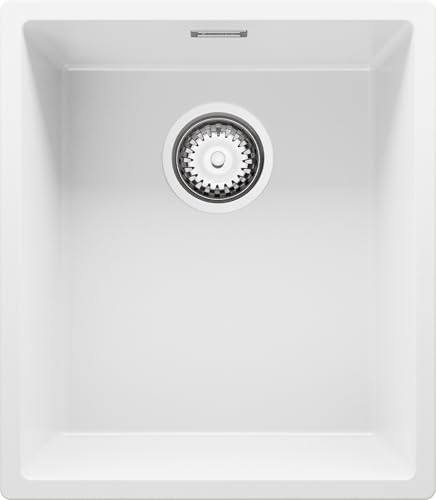 PRIMAGRAN Fregadero bajo Encimera Blanco 41x47cm, Cocina 1 Seno + Sifón, Granito al mueble 45cm   London S104