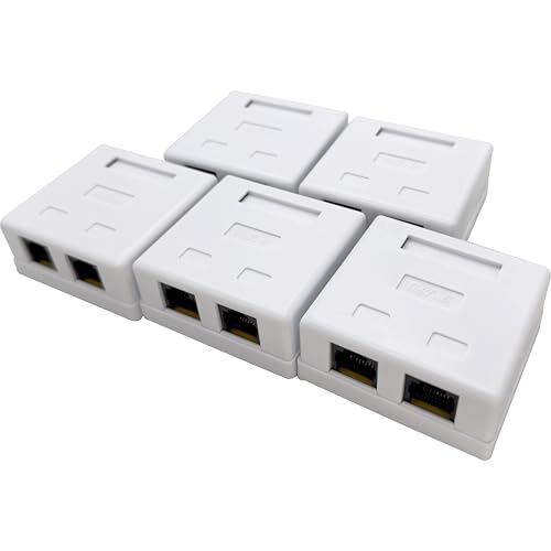 1051 Pk5 Integrated Cat6 Jack Two Port Wall Box - Surface mountable ethernet Box, Includes Integrated cat6 Punch Board & RJ45 Jack, Includes Screws and mounting Tape, White Color, Easy to Install