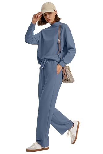 Image of WIHOLL Two Piece Sets for Women Fall Outfits Lounge Sets Mock Neck Tops Wide Leg Pants Vacation Travel Airport Outfits