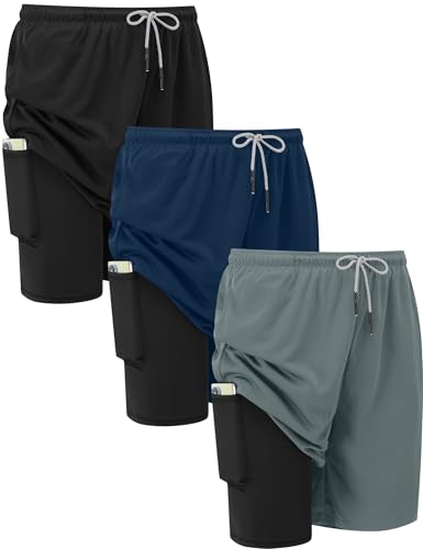 3 Pack Mens 2 in 1 Running Shorts Gym Workout Quick Dry Athletic Training Liner Ligheweight with Zipper Pocket