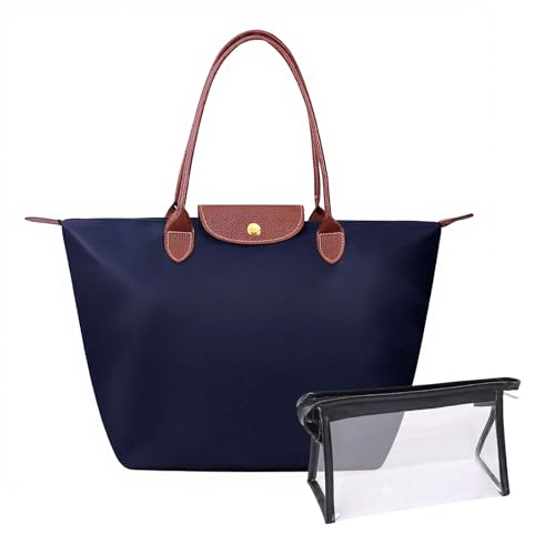 QIANCSJ 1 Umhängetasche + 1 Kosmetiktasche Damenmodetasche Faltbare Handtasche Schulhandtasche Aufbewahrungstasche Mit Großer Kapazität für Alltag & Büro (Dunkelblau)