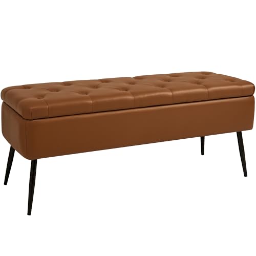 kinmars Leather Storage Ottoman Bench,End of Bed Bench for Living Room Bedroom Dinning Room Entryway,Mid-Century Modern, with Steel Legs,Safety Hinges, Loads 660 lb (with Button, Brown)