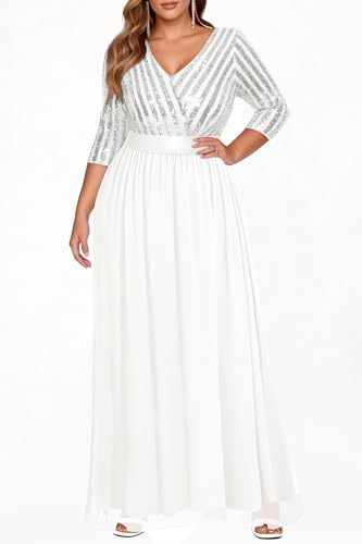 Image of Womens Plus Size Formal Dresses - V Neck 3 /4 Sleeve Sequin Prom Evening Gowns Long Maxi Dres
