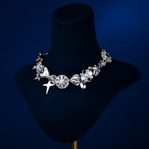 Black Heart Chunky Choker Necklace， Star Choker Necklace for Women Gothic Y2K Aesthetic Outfit Jewelry Accessories Vintage Retro Chunky Costume2