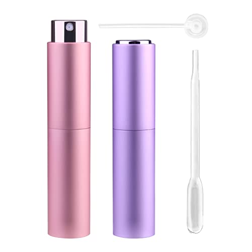 Zingso Refillable Travel Perfume Atomiser Bottles, 2 Pcs 10ml Mini Portable Spray Bottles Refillable Perfume Aftershave Atomiser Empty Travel Bottles with Funnel… (10ml (Pink+Light Purple))