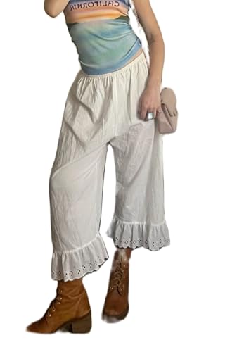 NUFIWI Women Sheer Mesh Lace Trim Capri Long Bloomers Cute Ruffle Hem Cropped Pajama Pants Y2K Casual Pettipants Bottoms