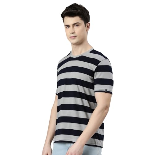 Image of FASO Men's Yarn Dyed Striped T-Shirt | Super Soft Combed Cotton | Sporty Big Stripes | Half Sleeves | Customized Comfort Fit for Smart Casual Wear