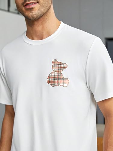 WDIRARA Men's Sleepwear Bear Print Round Neck Short Sleeve Top and Plaid Shorts Pajama Set4