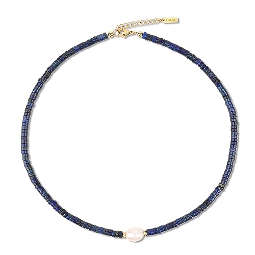 COAI Geschenkideen Frauen Choker mit Natürlicher Weißen Süßwasserperle Lapislazuli Heishi Perlenkette für Damen
