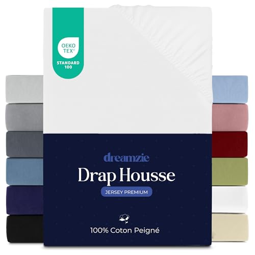 Dreamzie Drap Housse 140x190/200 cm, Jersey 100% Coton Premium, Hauteur De Matelas Jusqu'à 22 cm, Hypoallergénique, Oeko-Tex, Blanc
